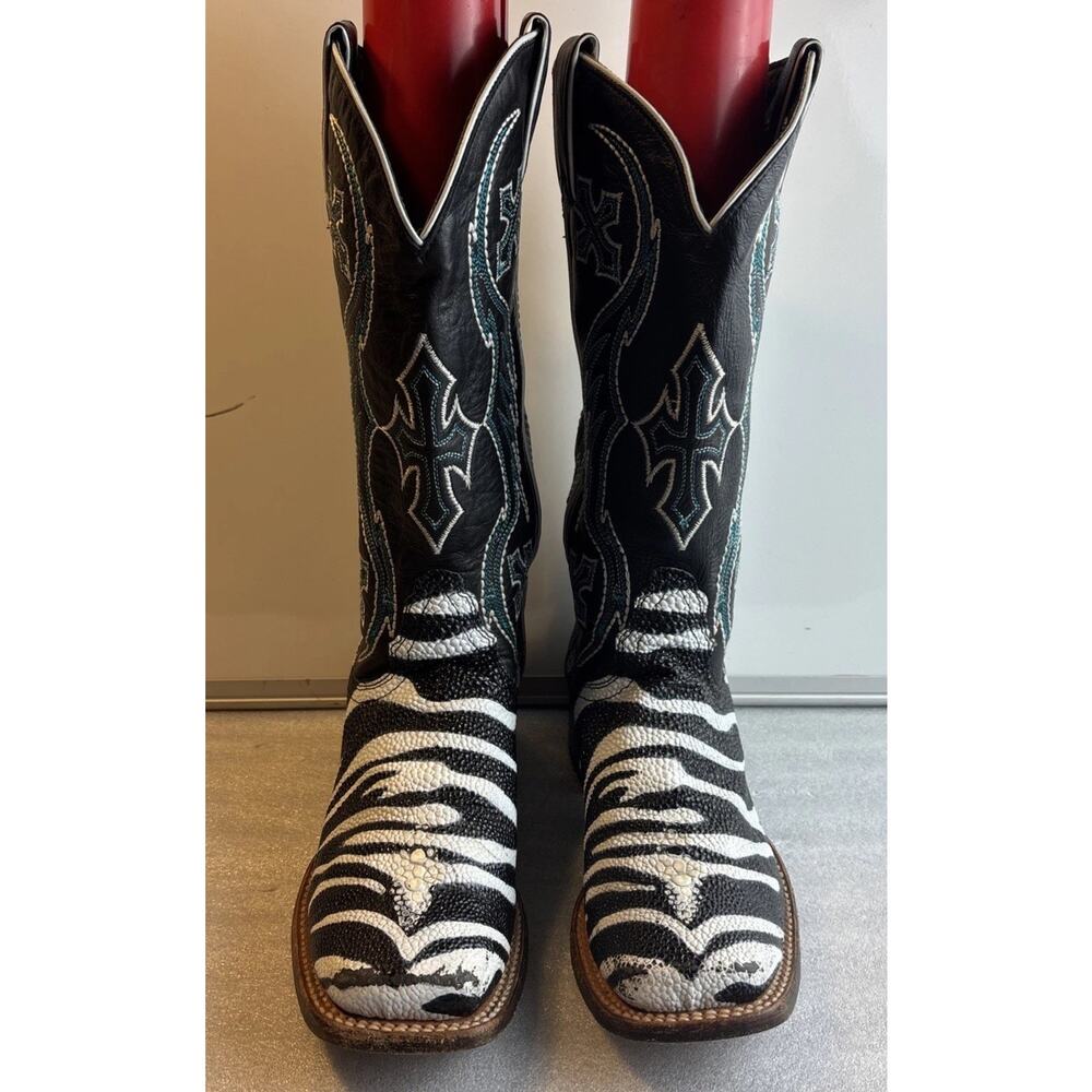 Nocona Women’s Black Leather Zebra Print Western Cowboy Boots Cross Wing US 7 B
